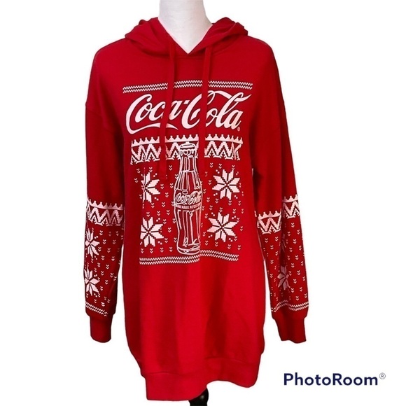 Coca Cola Tops - Coca Cola Womens Red Holiday Long Sleeve Hooded Graphic Sweatshirt Dress S H2